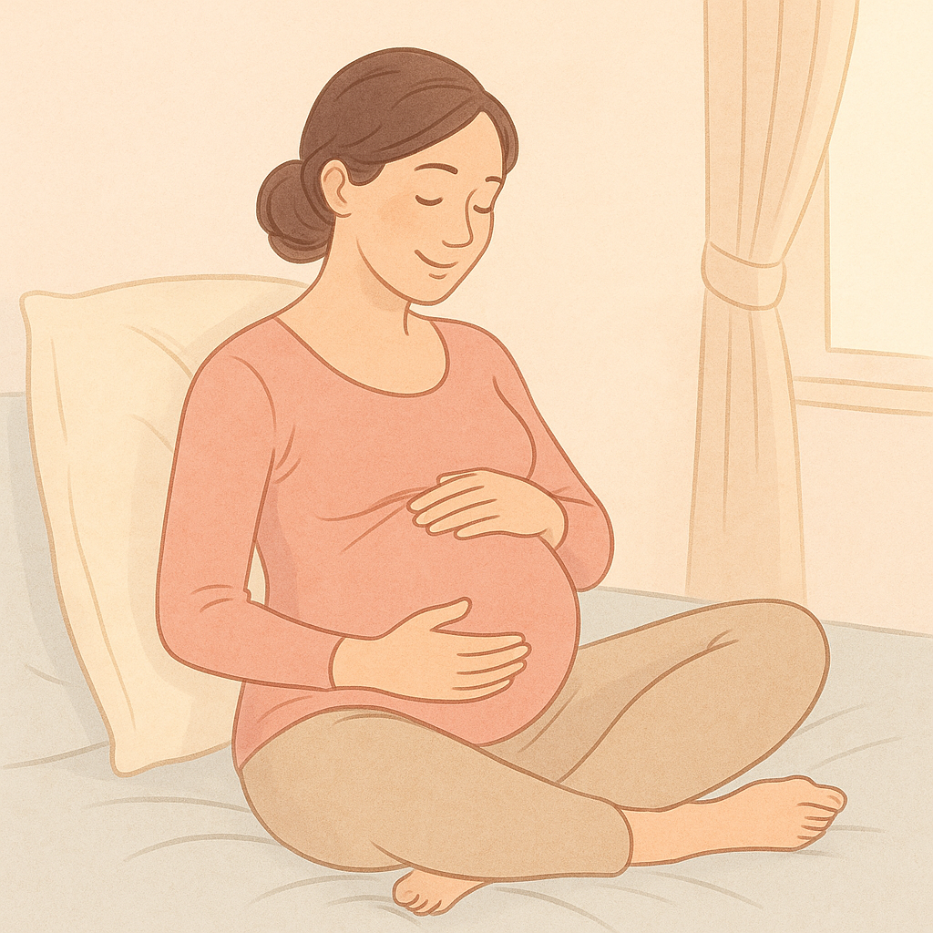 Doğum belirtileri nelerdir sorusuna yanıt arayan doğuma hazırlanan hamile bir kadını betimleyen pastel tonlarda dijital illüstrasyon.